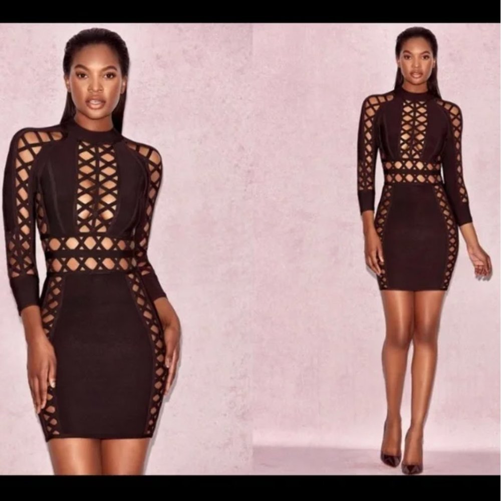 House Of CB London Brown Aziza Thick Bandage Open Weave Cut Out Dress - Picture 4 of 8